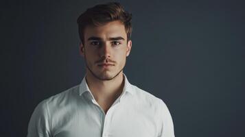 Young man in a white shirt poses against a dark wall, showcasing a serious expression and stylish appearance photo