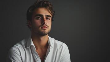 A young man poses confidently in a white shirt against a dark background during a studio portrait session photo