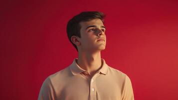 Young man gazing thoughtfully against a vibrant red background during a studio photoshoot photo