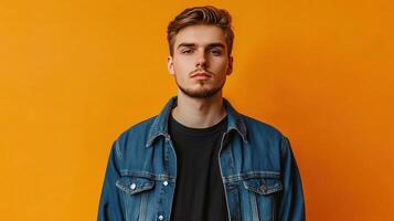 Young man poses confidently in a denim jacket against a bright orange background photo