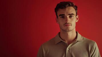 Young man with a neutral expression standing against a red background in a stylish polo shirt photo