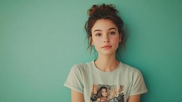 Young person posing against a teal wall, dressed in a graphic t-shirt with a relaxed expression, showcasing a casual indoor setting photo