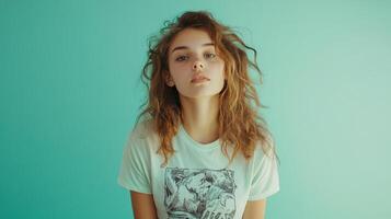 Young woman with curly hair poses in a casual t-shirt against a turquoise background in a bright, well-lit indoor setting photo