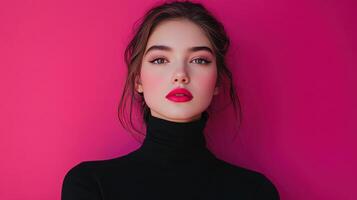 Young woman poses against a vibrant pink background wearing a black turtleneck, showcasing a bold makeup look with defined features photo