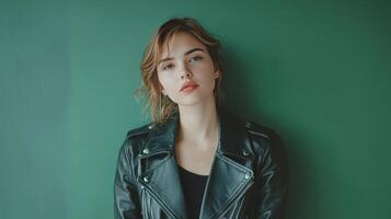 Young woman in a black leather jacket poses against a green wall, showcasing a confident expression photo