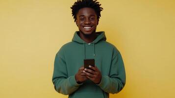 A young man smiles while holding a smartphone in front of a bright yellow backdrop photo