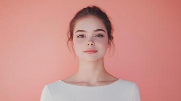 Young woman with a serene expression in front of a pink background during daylight photo