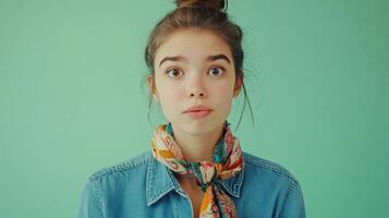 Young woman in a denim shirt with a colorful scarf against a pastel green background, showcasing a surprised expression photo