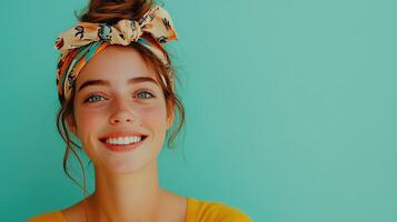 Young woman smiling cheerfully with a colorful headband against a turquoise background during daylight photo