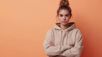 Young woman with a neutral expression poses against an orange background, wearing a beige hoodie and standing with arms crossed photo