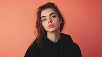 Young woman with natural makeup posing against a peach-colored backdrop in a casual black hoodie during daylight photo