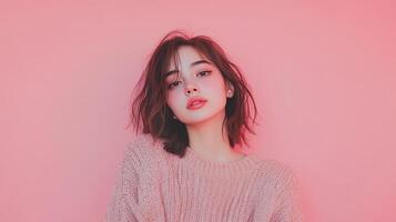 Young woman with soft features poses against a pink background wearing a cozy sweater during daylight photo
