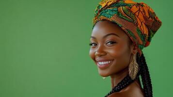 Woman in colorful headwrap smiles against a green background, showcasing traditional fashion and cultural pride photo