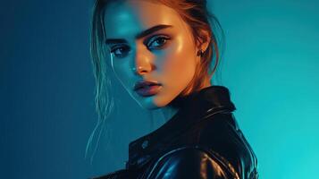 Young woman in a leather jacket poses against a blue and green background during a creative photoshoot photo