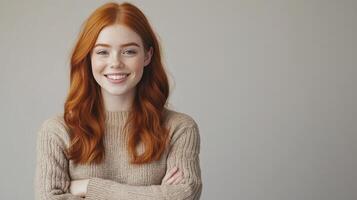 Young woman with red hair smiles confidently while posing against a neutral background indoors, showcasing a cozy sweater and relaxed demeanor photo
