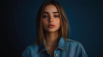 Young woman with long hair wearing a denim jacket posing against a dark background in a relaxed manner photo