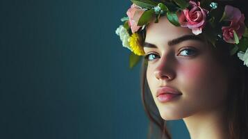 Young woman with a flower crown gazes softly against a blue backdrop during a portrait session in natural light photo