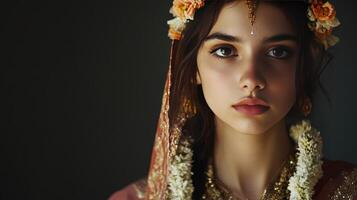Young woman adorned in traditional attire, standing in a dimly lit room with decorative floral accessories photo