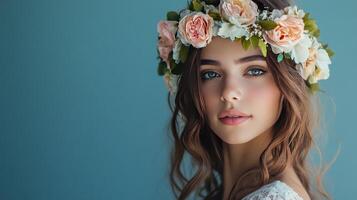 Young woman in a floral crown poses gracefully against a soft blue backdrop, showcasing natural beauty and elegance photo