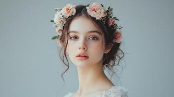 Young woman with floral crown posing gracefully against a neutral background in soft natural light photo