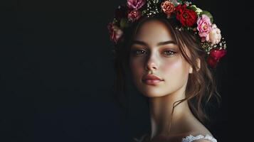 Young woman with a floral crown poses gracefully against a dark background in a serene, artistic portrait during soft daylight photo