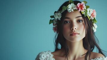 Young woman with a floral crown poses against a blue background in soft light, showcasing a serene expression and delicate features photo