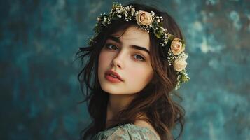 Young woman with a floral crown poses against a textured blue backdrop in a serene moment of contemplation during daylight hours photo