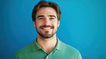 Smiling young man with beard wearing a green polo shirt against a bright blue background photo