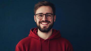 Young man in a red hoodie smiles warmly against a dark blue background photo