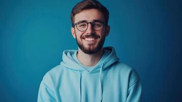 Young man smiling warmly while wearing a light blue hoodie against a solid blue background in a relaxed indoor setting photo