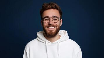 Young man smiling warmly in a white hoodie against a dark blue background during a casual indoor portrait session photo