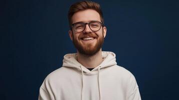 Young man with glasses smiling warmly against a dark blue backdrop while wearing a white hoodie photo