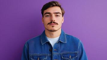 Young man poses confidently against a vibrant purple backdrop in casual denim attire photo