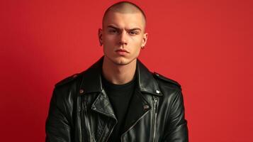 Young man in a black leather jacket poses against a vibrant red background, showcasing a confident expression photo