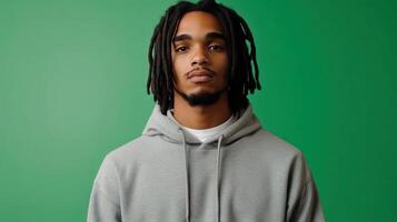 Young man with dreadlocks stands against a vibrant green background in casual attire, showcasing a relaxed expression in a contemporary setting photo