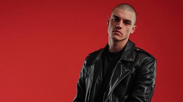 Young man in a leather jacket poses against a vibrant red background in a stylish urban setting photo