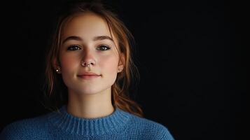 Young woman with a soft expression poses against a dark background wearing a blue sweater, showcasing a trendy septum piercing photo