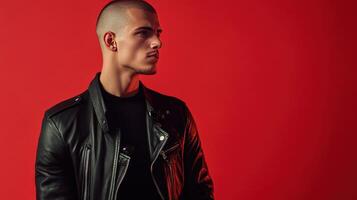 Young man in a black leather jacket poses against a bold red background while showcasing a confident expression photo