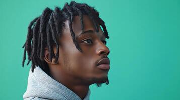 Young man in gray hoodie with textured hair poses against a turquoise background in a close-up profile shot photo