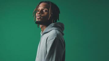 Young man with dreadlocks posing against a green background in casual attire during indoor photoshoot photo
