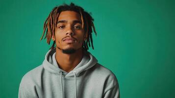 Young man with dreadlocks in a gray hoodie poses against a solid green background photo