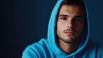 Young man wearing a blue hoodie, gazing intently against a dark background during evening hours photo