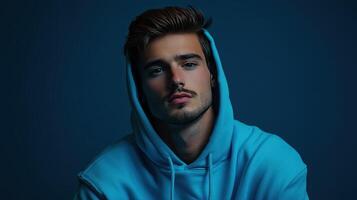 Young man in a blue hoodie poses thoughtfully against a dark background, showcasing a contemplative expression in a studio setting photo