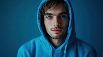 Young man wearing a blue hoodie with a serious expression, illuminated by soft lighting against a dark blue background photo