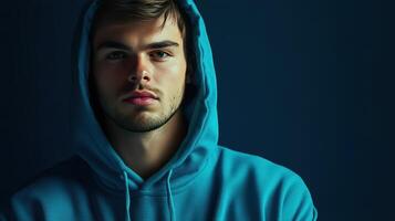 Young man in a blue hoodie poses against a dark background, showcasing a contemplative expression in low light photo