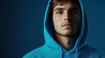 Young man in a blue hoodie poses against a dark blue background, highlighting his serious expression during a studio shoot photo