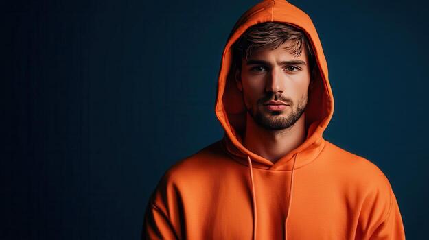 Young man wearing an orange hoodie with a focused expression against a blue backdrop in a portrait style photo