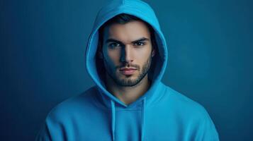 Young man wearing a blue hoodie against a dark background, captured in a confident pose, highlighting his features in soft blue lighting photo