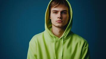 Young man in a bright green hoodie poses against a dark blue background in a studio setting photo