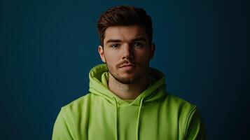 Young man wearing a bright green hoodie, standing against a dark blue background, during a studio portrait session in the evening photo